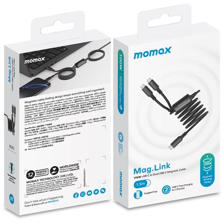 MOMAX DC85D Mag.Link 100W Type-C to Type-C 2 in 1 Magnetic Braided Data Cable, Length:1.5m - Black