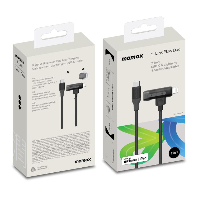MOMAX DL56 1-Link Flow 60W Type-C to Type-C and 8 Pin Fast Charging Cable, Length:1.5m