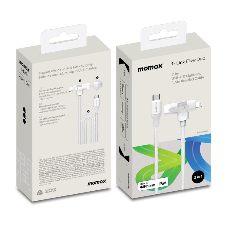 MOMAX DL56 1-Link Flow 60W Type-C to Type-C and 8 Pin Fast Charging Cable, Length:1.5m