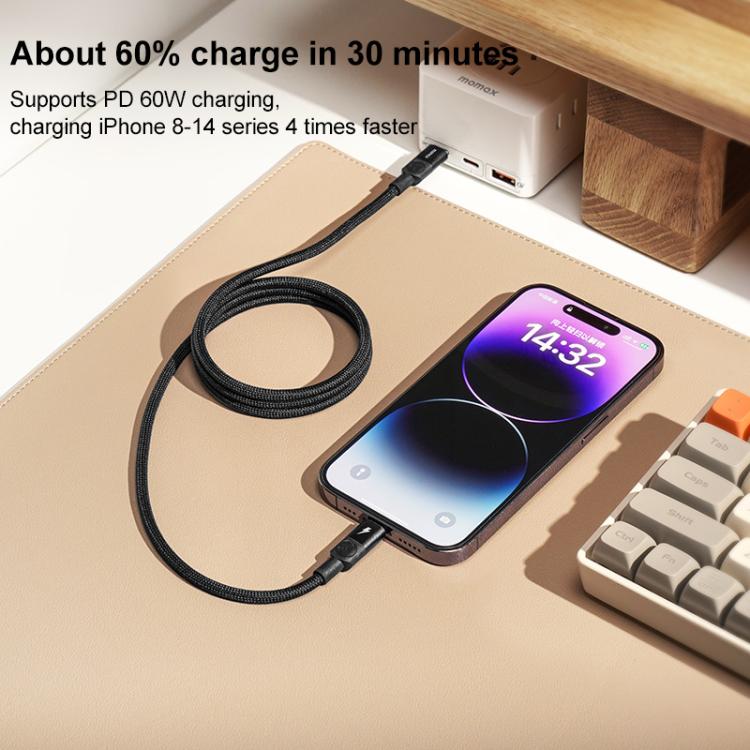 MOMAX DL57D Mag.Link 60W Type-C to 8 Pin Magnetic Braided Fast Charging Data Cable, Length:1m - Black