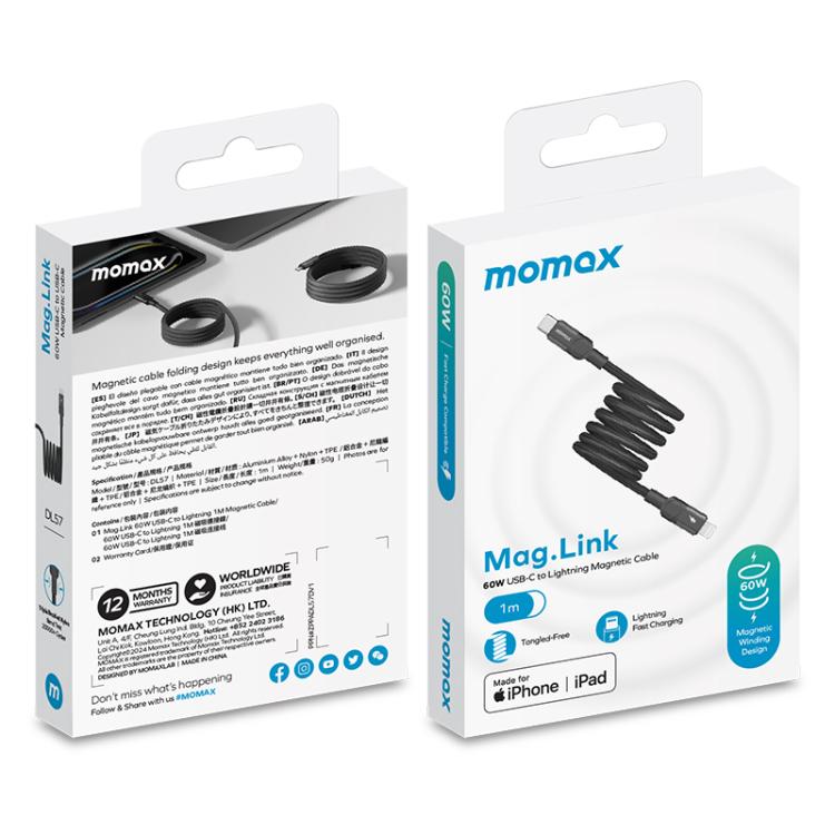 MOMAX DL57D Mag.Link 60W Type-C to 8 Pin Magnetic Braided Fast Charging Data Cable, Length:1m - Black