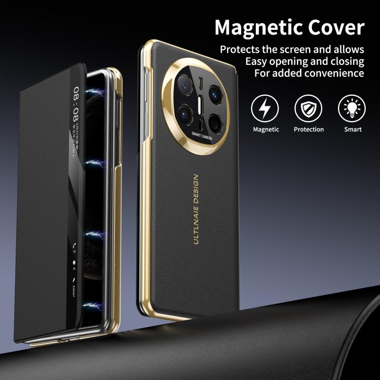 For Huawei Mate X6 Gold Flip Fold Smart Window MagSafe Leather Phone Case