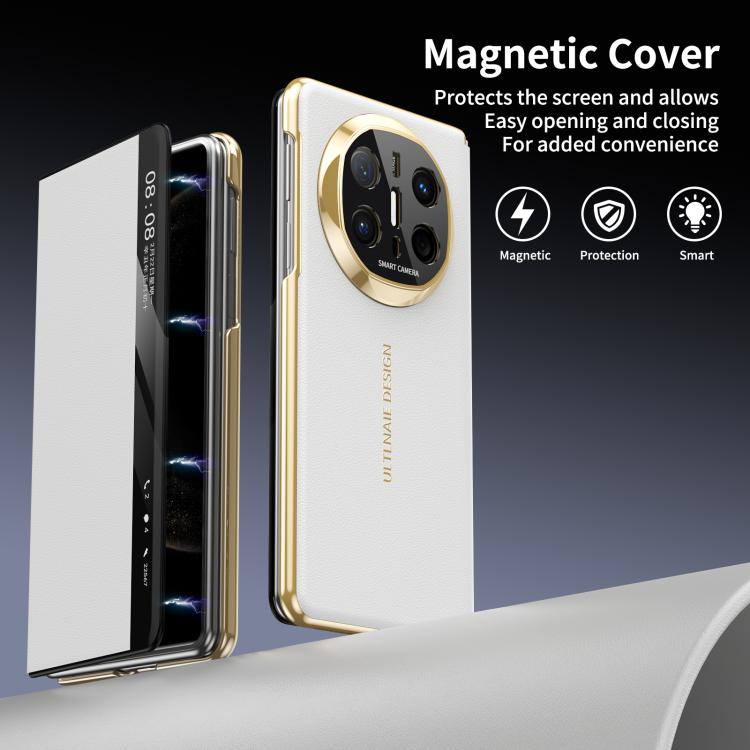 For Huawei Mate X6 Gold Flip Fold Smart Window MagSafe Leather Phone Case