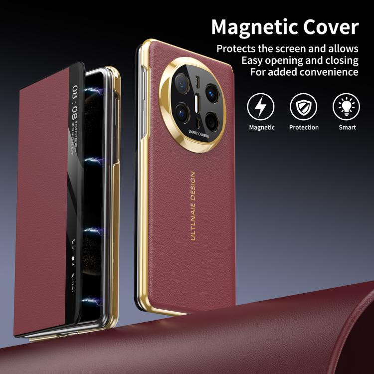 For Huawei Mate X6 Gold Flip Fold Smart Window MagSafe Leather Phone Case