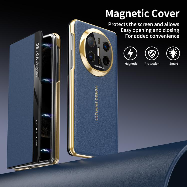 For Huawei Mate X6 Gold Flip Fold Smart Window MagSafe Leather Phone Case
