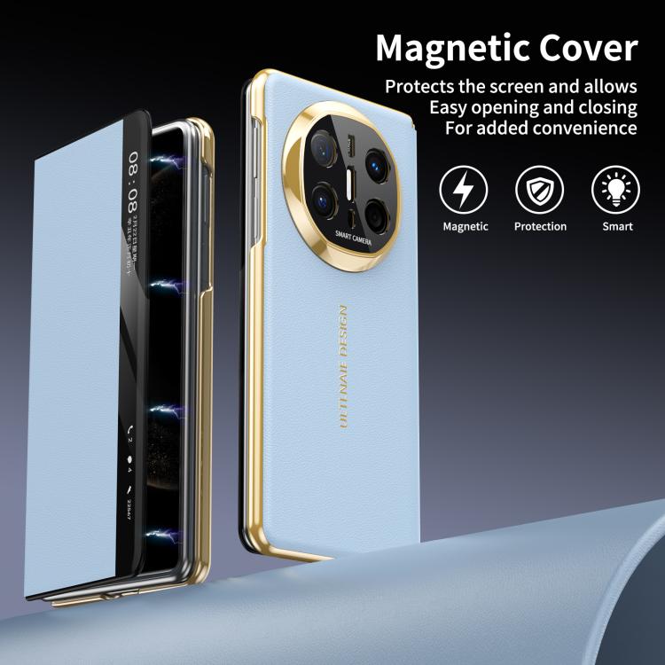For Huawei Mate X6 Gold Flip Fold Smart Window MagSafe Leather Phone Case
