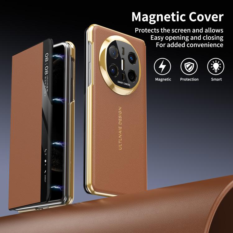 For Huawei Mate X6 Gold Flip Fold Smart Window MagSafe Leather Phone Case