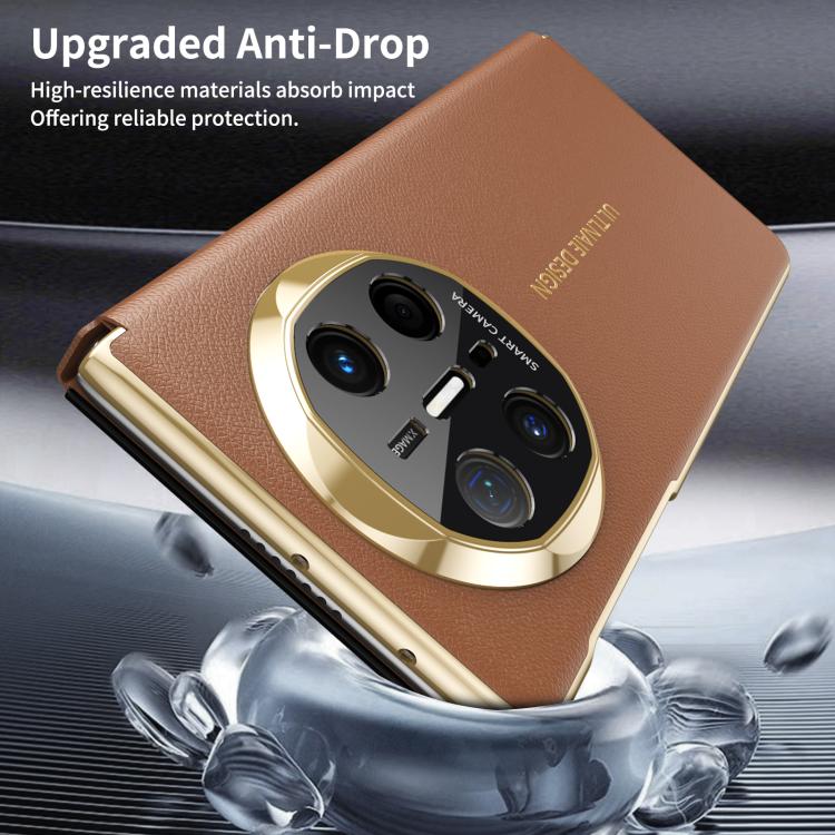 For Huawei Mate X6 Gold Flip Fold Smart Window MagSafe Leather Phone Case