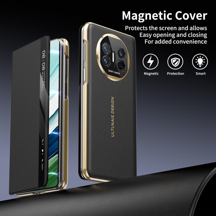 For Huawei Mate X5 Gold Flip Fold Smart Window MagSafe Leather Phone Case