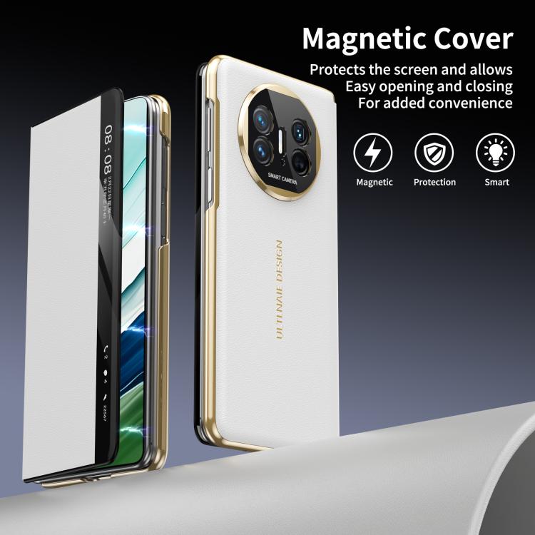 For Huawei Mate X5 Gold Flip Fold Smart Window MagSafe Leather Phone Case