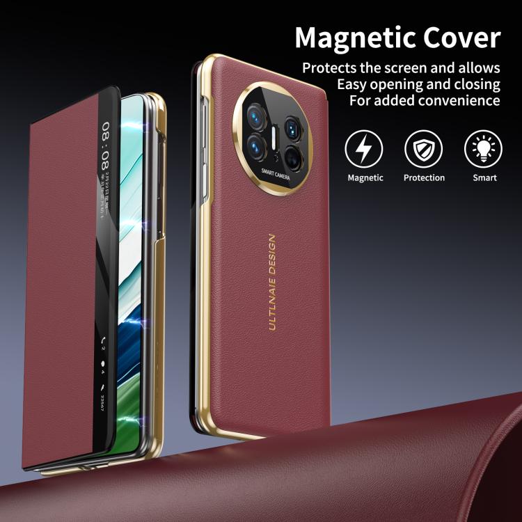 For Huawei Mate X5 Gold Flip Fold Smart Window MagSafe Leather Phone Case