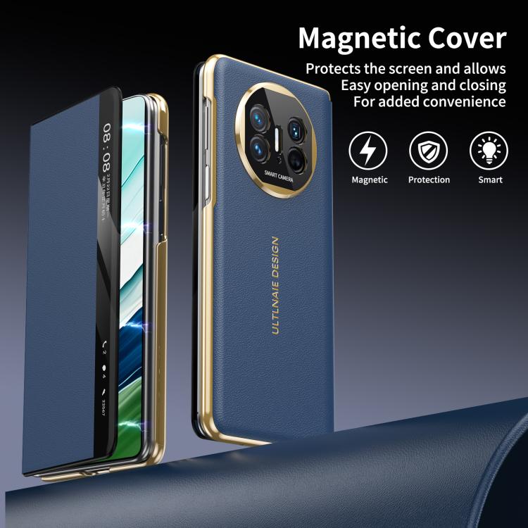 For Huawei Mate X5 Gold Flip Fold Smart Window MagSafe Leather Phone Case