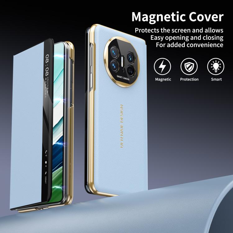 For Huawei Mate X5 Gold Flip Fold Smart Window MagSafe Leather Phone Case
