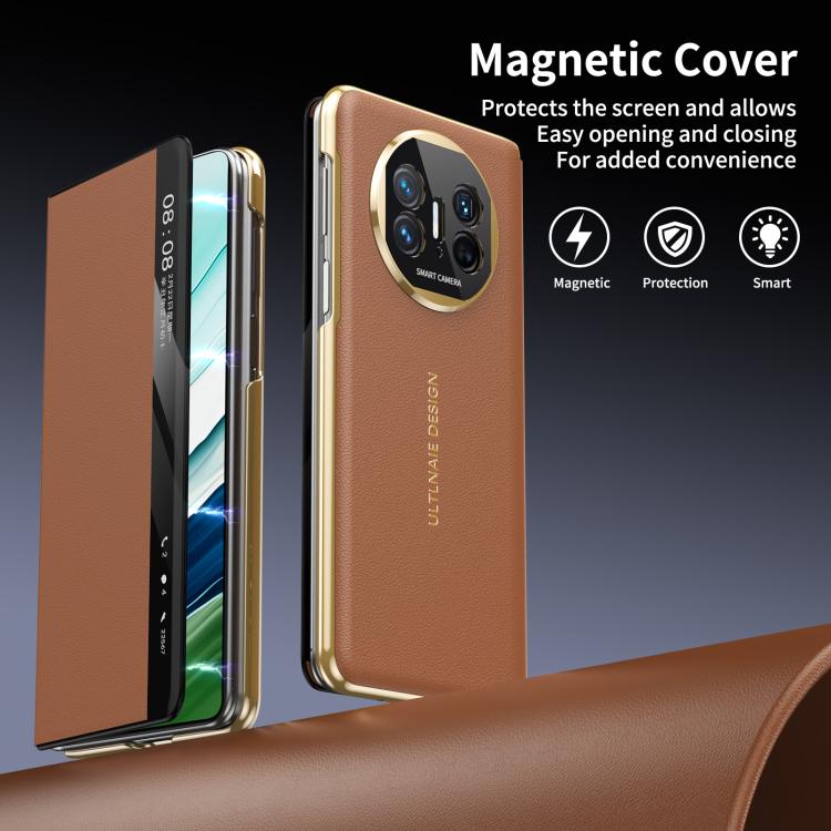 For Huawei Mate X5 Gold Flip Fold Smart Window MagSafe Leather Phone Case