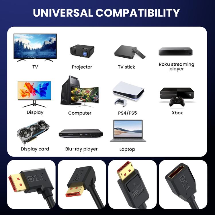 DP2.1 to DP2.1 Upper Elbow 52Gbps 16K 30Hz DisplayPort Extension Adapter Cable, Length: 3m - Black