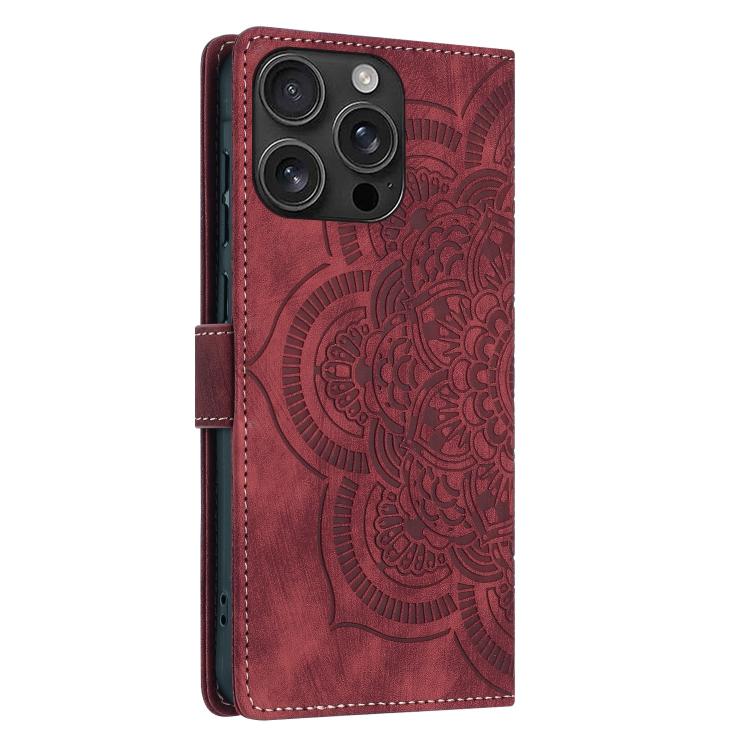 For iPhone 16 Pro Max Mandala Embossed Retro Frosted Leather Phone Case