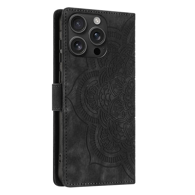 For iPhone 16 Pro Max Mandala Embossed Retro Frosted Leather Phone Case