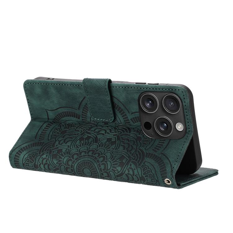 For iPhone 16 Pro Mandala Embossed Retro Frosted Leather Phone Case