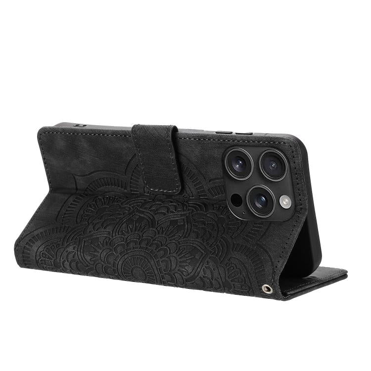For iPhone 16 Pro Mandala Embossed Retro Frosted Leather Phone Case