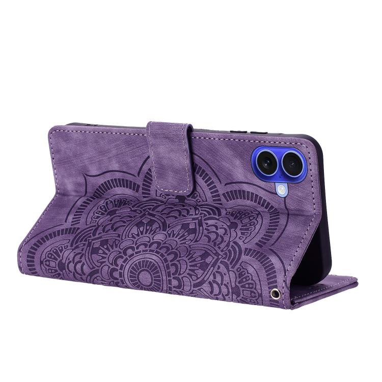 For iPhone 16 Plus Mandala Embossed Retro Frosted Leather Phone Case