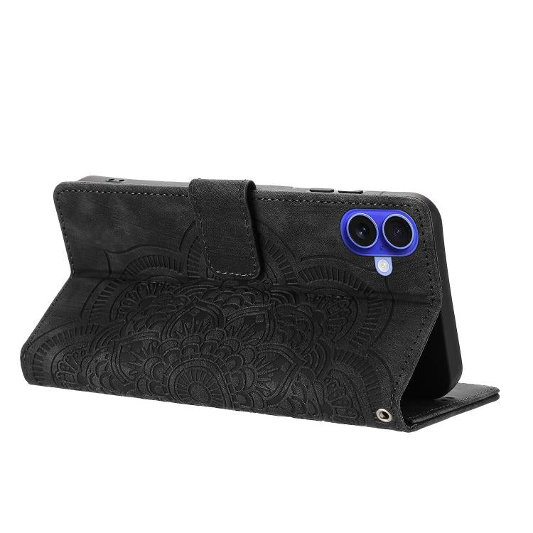 For iPhone 16 Plus Mandala Embossed Retro Frosted Leather Phone Case