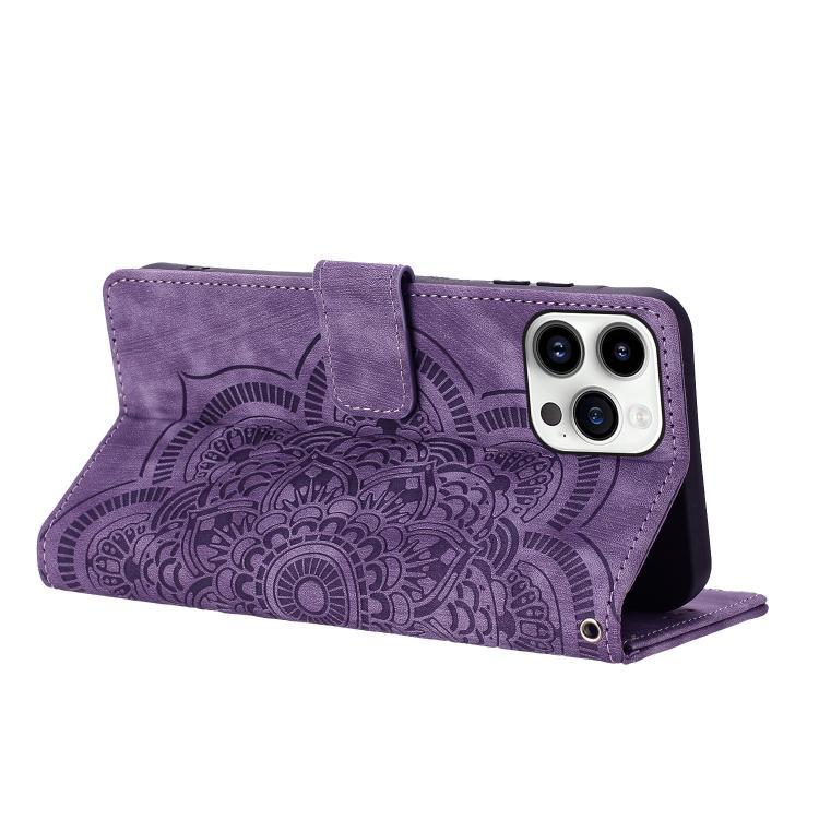 For iPhone 14 Pro Max Mandala Embossed Retro Frosted Leather Phone Case