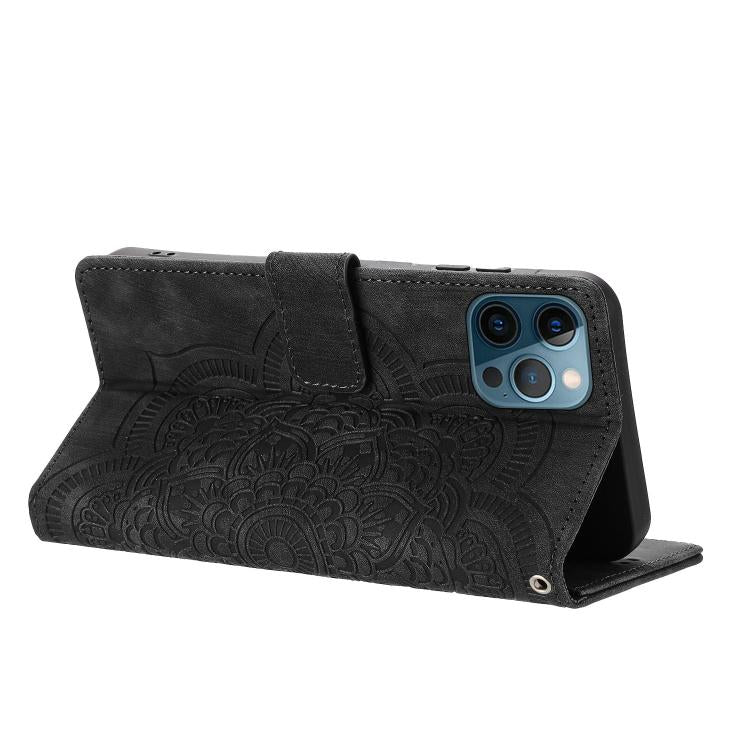 For iPhone 12 / 12 Pro Mandala Embossed Retro Frosted Leather Phone Case