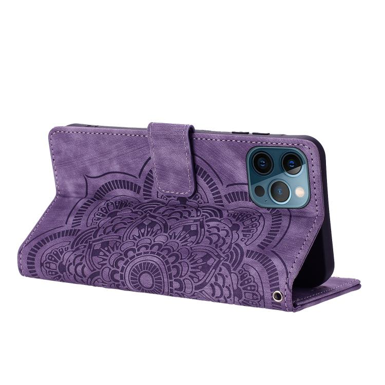 For iPhone 12 Pro Max Mandala Embossed Retro Frosted Leather Phone Case