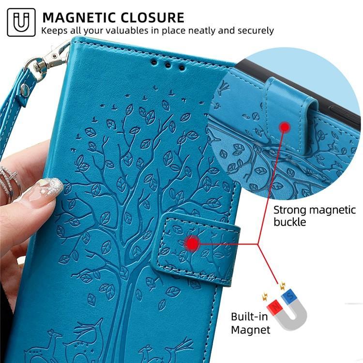 For iPhone 17 Tree & Deer Embossed Leather Phone Case