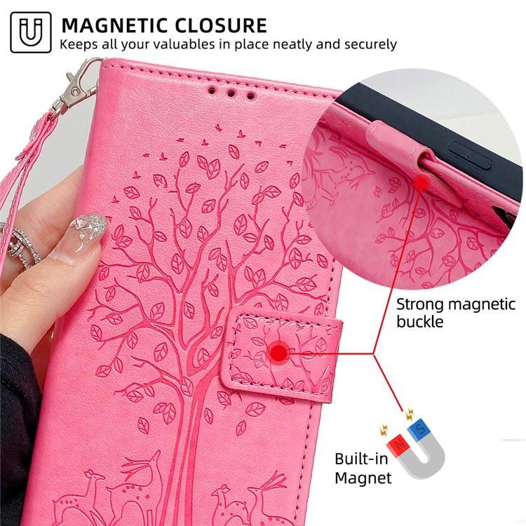 For iPhone 17 Pro Tree & Deer Embossed Leather Phone Case
