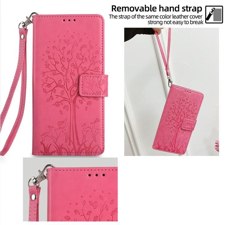 For iPhone 17 Pro Max Tree & Deer Embossed Leather Phone Case