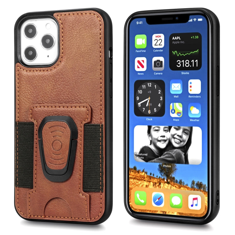 For iPhone 12 / 12 Pro Magnetic Shockproof PU + TPU Case with Card Slot & Ring Holder