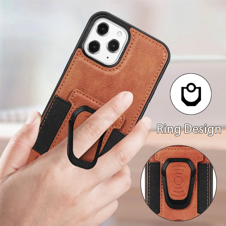 For iPhone 12 / 12 Pro Magnetic Shockproof PU + TPU Case with Card Slot & Ring Holder