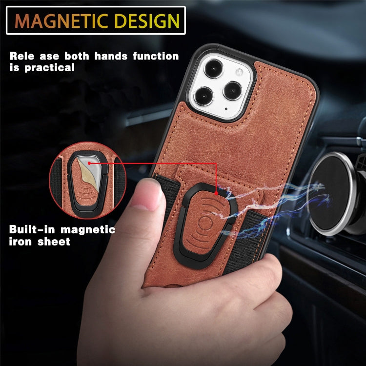 For iPhone 12 / 12 Pro Magnetic Shockproof PU + TPU Case with Card Slot & Ring Holder