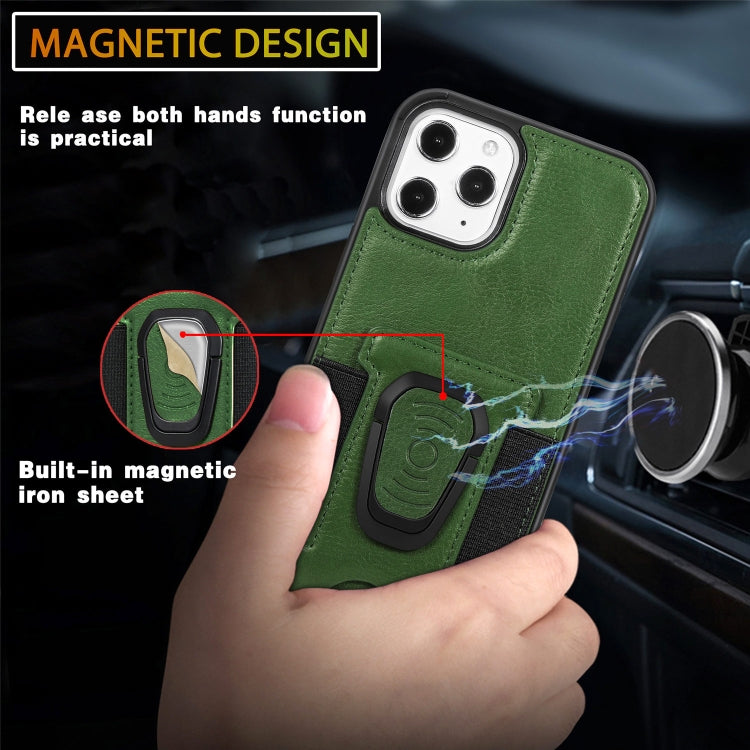 For iPhone 12 / 12 Pro Magnetic Shockproof PU + TPU Case with Card Slot & Ring Holder