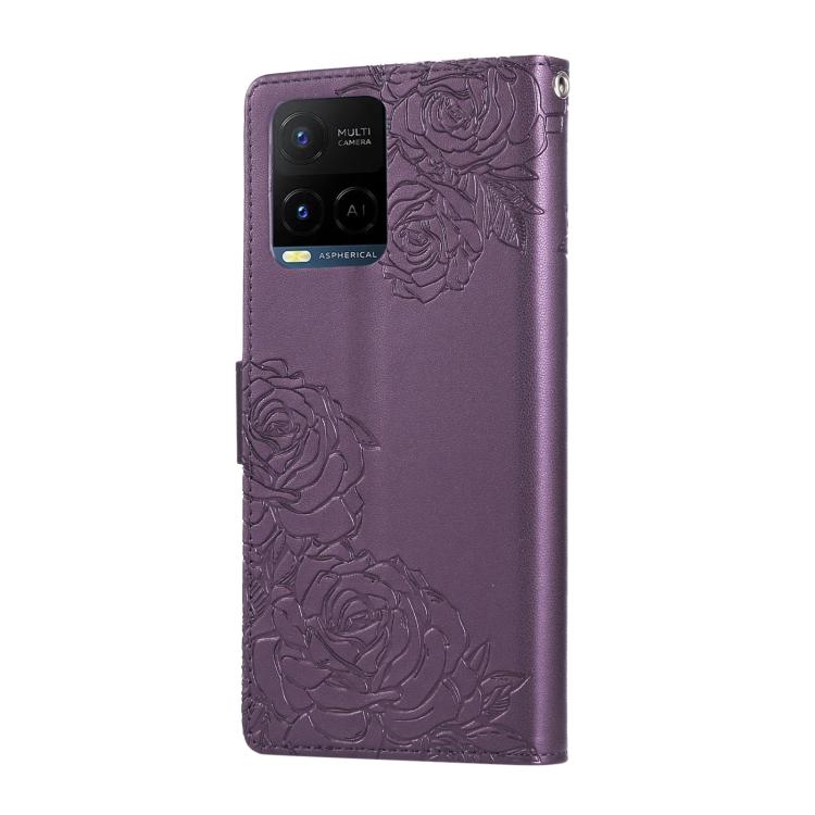 For vivo Y21 2021 / Y33s Global Rose Flower Embossed 3-Card Slots Leather Phone Case