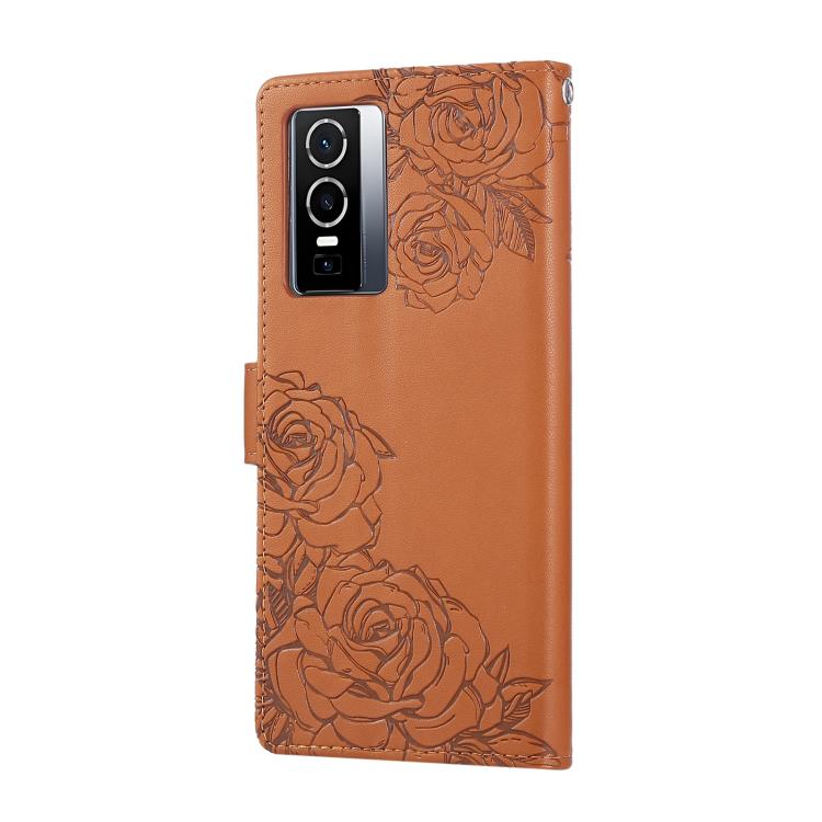 For vivo Y76s 5G / Y76 5G Rose Flower Embossed 3-Card Slots Leather Phone Case