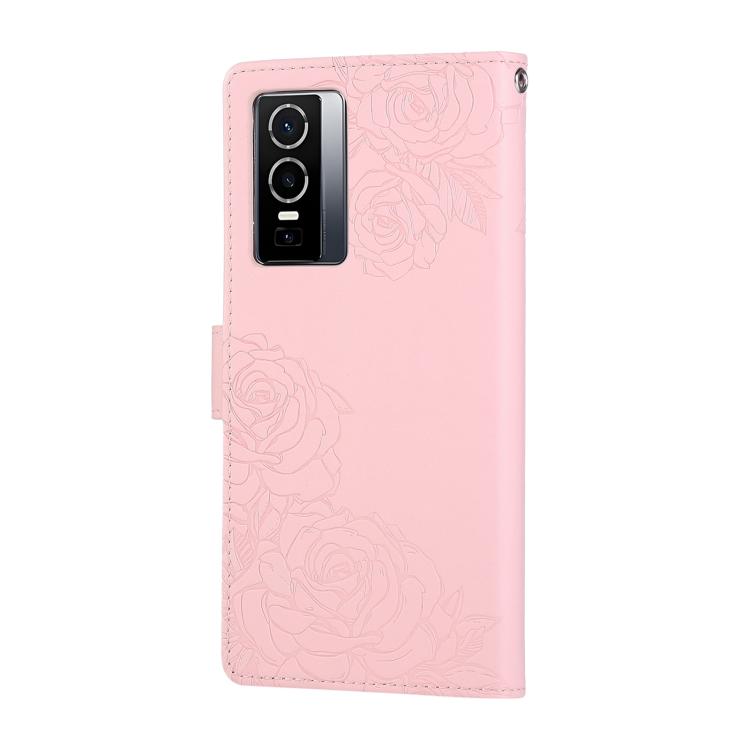 For vivo Y76s 5G / Y76 5G Rose Flower Embossed 3-Card Slots Leather Phone Case