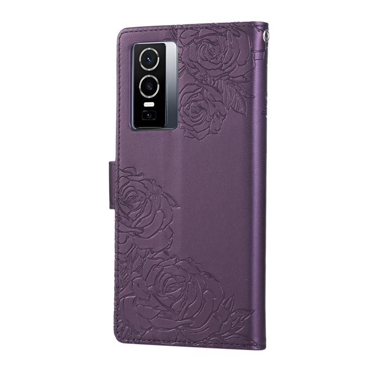For vivo Y76s 5G / Y76 5G Rose Flower Embossed 3-Card Slots Leather Phone Case