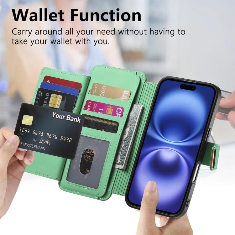 For iPhone 16 Pro Max Ring Zipper Wallet RFID Blocking MagSafe Leather Phone Case
