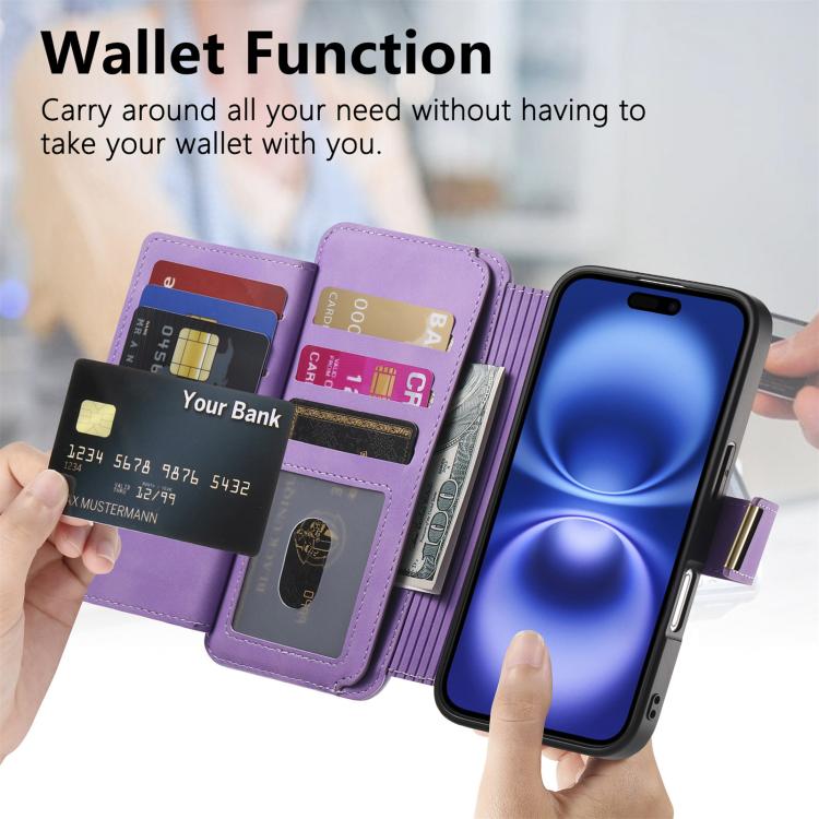 For iPhone 16 Pro Ring Zipper Wallet RFID Blocking MagSafe Leather Phone Case