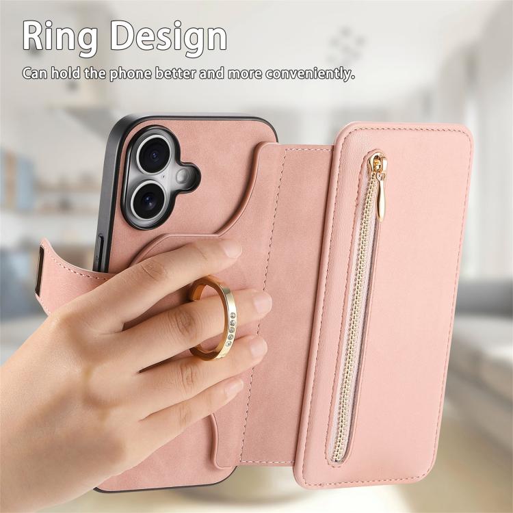 For iPhone 16 Plus Ring Zipper Wallet RFID Blocking MagSafe Leather Phone Case