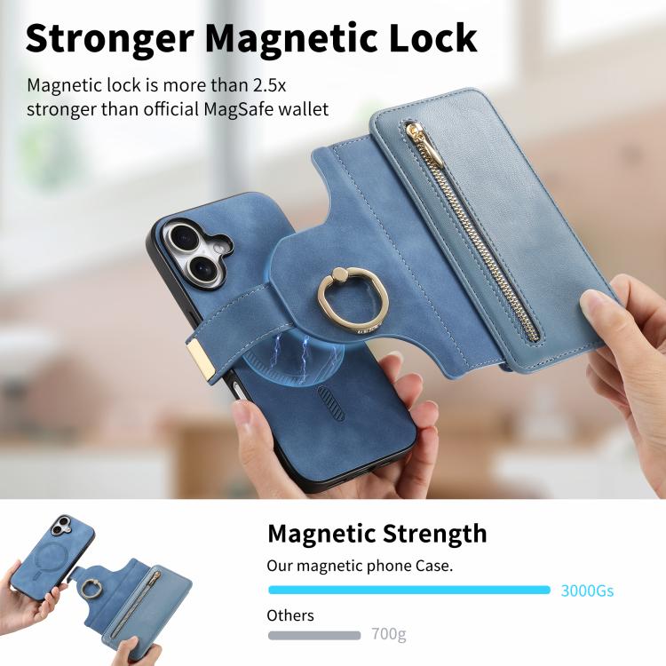 For iPhone 16 Plus Ring Zipper Wallet RFID Blocking MagSafe Leather Phone Case