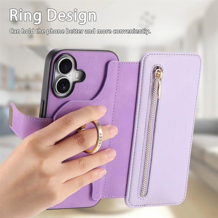 For iPhone 16 Plus Ring Zipper Wallet RFID Blocking MagSafe Leather Phone Case