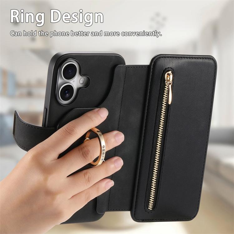 For iPhone 16 Plus Ring Zipper Wallet RFID Blocking MagSafe Leather Phone Case