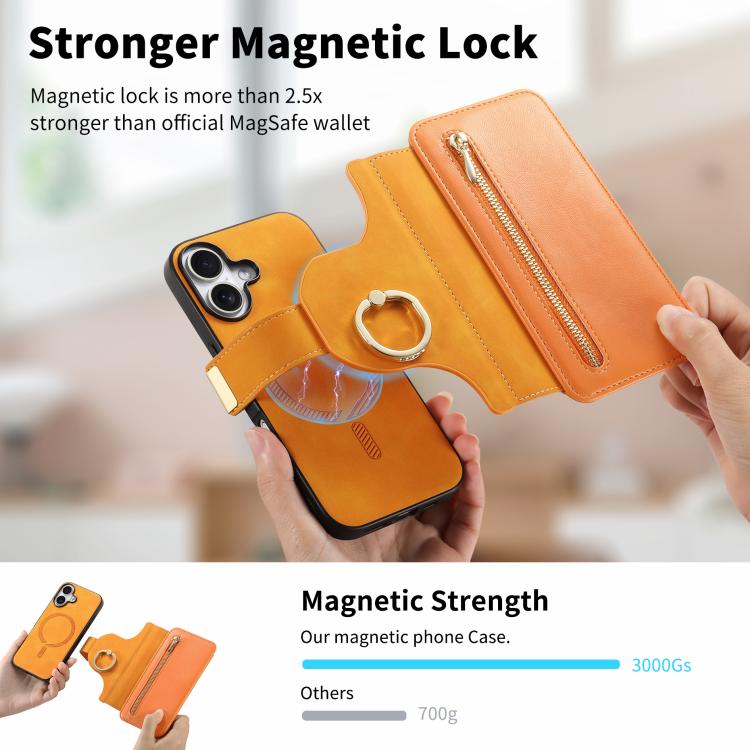 For iPhone 16 Plus Ring Zipper Wallet RFID Blocking MagSafe Leather Phone Case