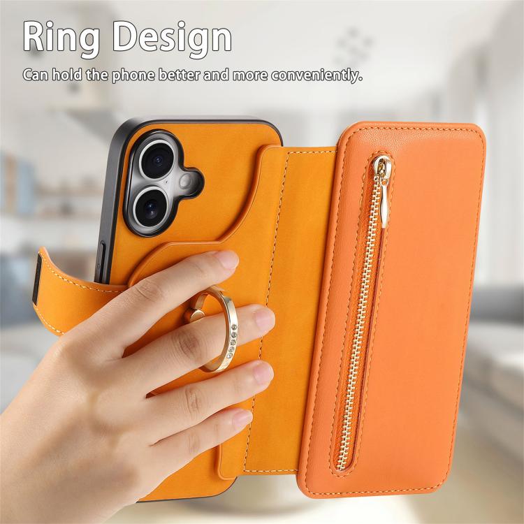 For iPhone 16 Plus Ring Zipper Wallet RFID Blocking MagSafe Leather Phone Case