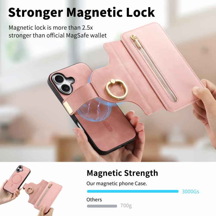 For iPhone 16 Ring Zipper Wallet RFID Blocking MagSafe Leather Phone Case