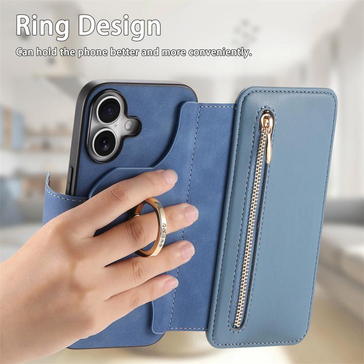 For iPhone 16 Ring Zipper Wallet RFID Blocking MagSafe Leather Phone Case