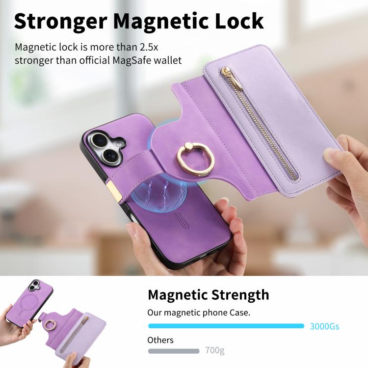 For iPhone 16 Ring Zipper Wallet RFID Blocking MagSafe Leather Phone Case